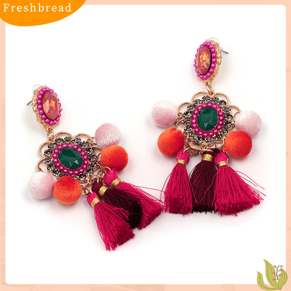 &lt; Freshbread &gt; Wanita Berlian Imitasi Bunga Pompom Rumbai Menjuntai Ear Stud Earrings Statement Jewelry