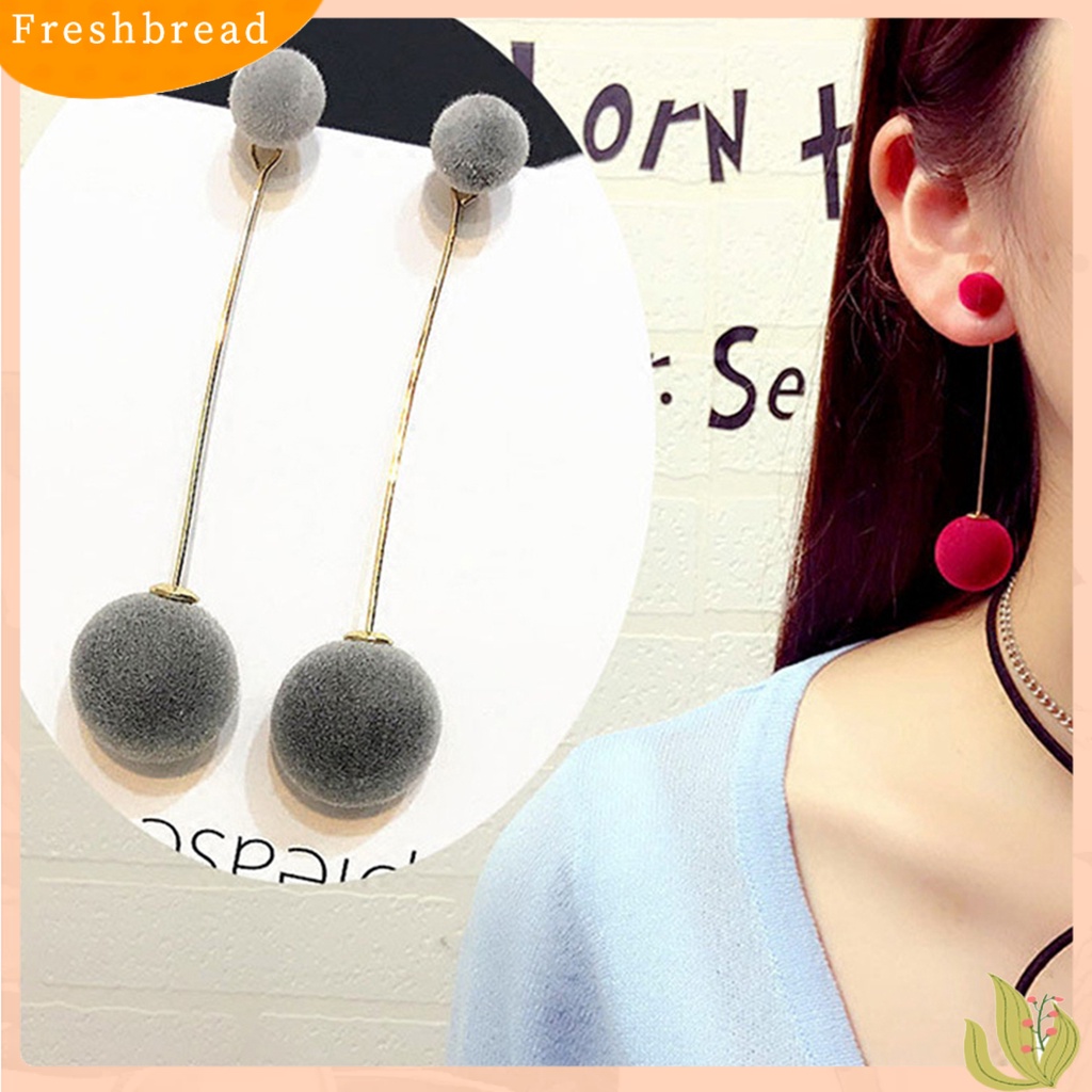 < Freshbread > Rantai Elegan Bola Bulu Panjang Menjuntai Anting Wanita Eardrop Earrings Perhiasan Hadiah