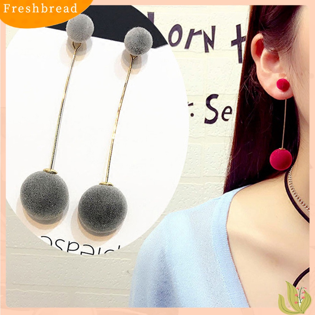 &lt; Freshbread &gt; Rantai Elegan Bola Bulu Panjang Menjuntai Anting Wanita Eardrop Earrings Perhiasan Hadiah