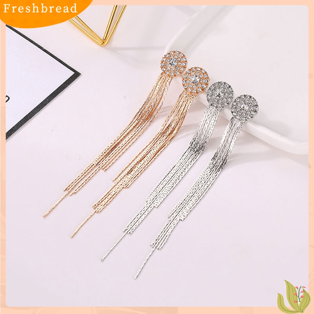 &lt; Freshbread &gt; 1pasang Anting Wanita Kristal Imitasi Bersinar Rumbai Electroplating Lurus Gantung Berdandan Aksesori Panjang Rumbai Menjuntai Anting Gantung Perlengkapan Kostum