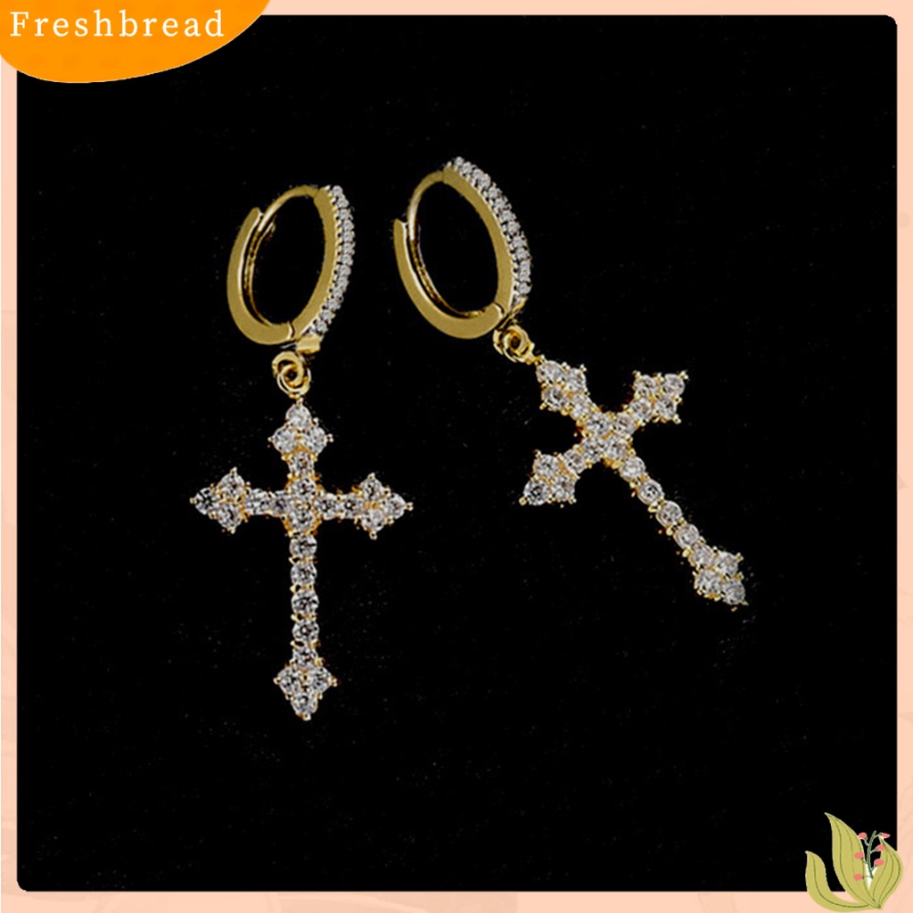 &lt; Freshbread &gt; 1pasang Wanita Menjuntai Anting Besar Lengket Berkilau Cubic Zirconia Bentuk Salib Drop Earrings Hadiah Ulang Tahun