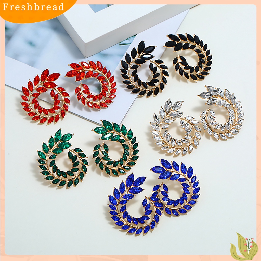 &lt; Freshbread &gt; 1pasang Cubic Zirconia Wanita Anting Daun Bentuk Cabang Alloy Geometris Bulat Stud Earrings Perhiasan Aksesori