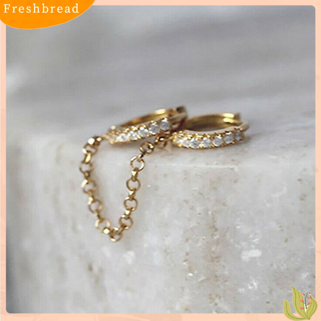 &lt; Freshbread &gt; 1pasang Anting Hoop Rantai Rumbai Cubic Zirconia Wanita Shiny Double Ear Piercing Lingkaran Earrings Perhiasan Aksesoris