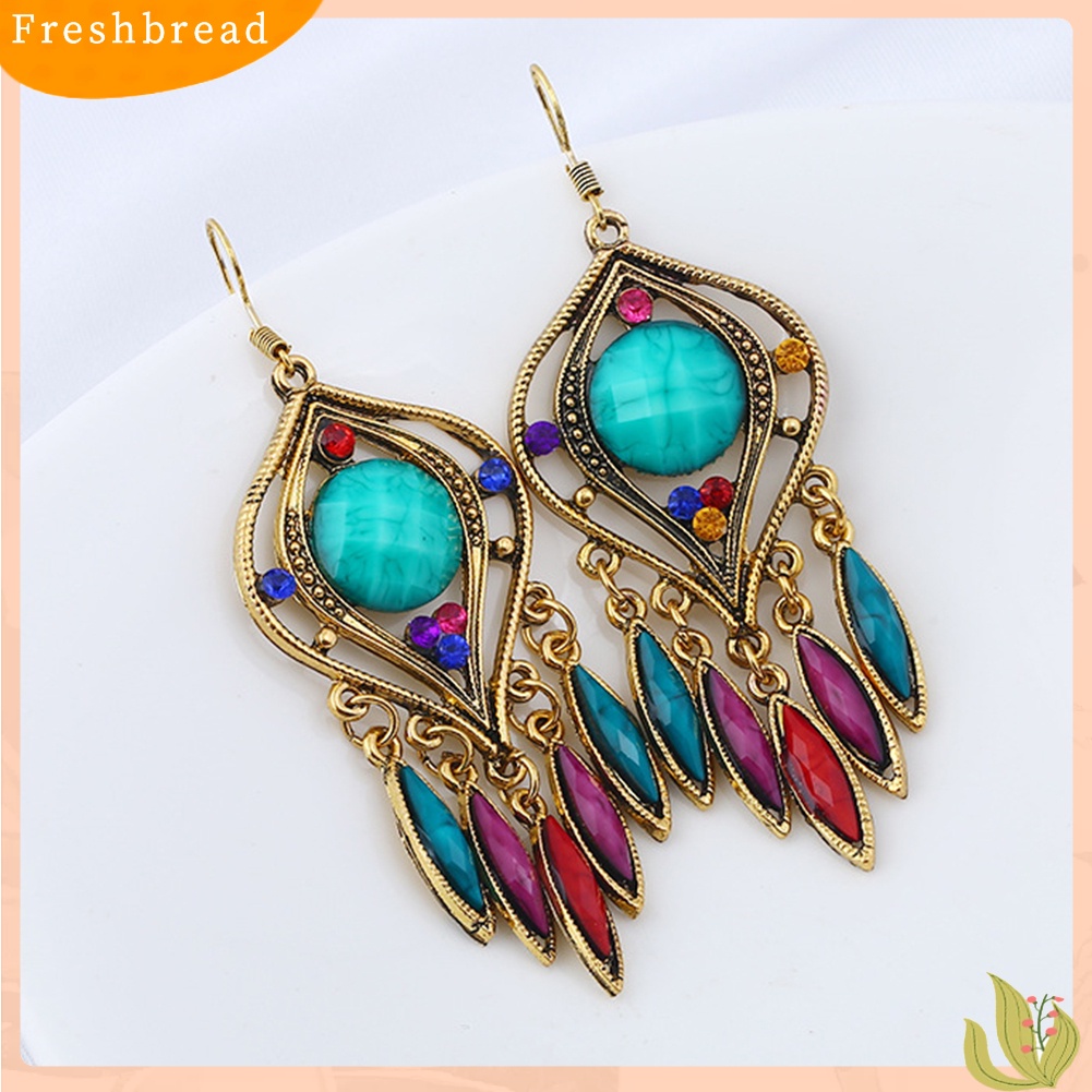 &lt; Freshbread &gt; Bohemian Wanita Berongga Ukir Resin Panjang Rumbai Menjuntai Kait Anting Perhiasan