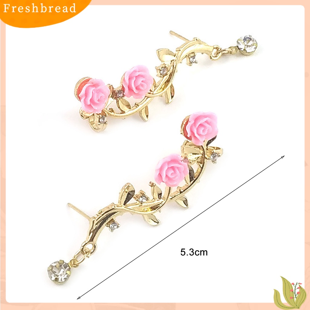 &lt; Freshbread &gt; 1pasang Berlian Imitasi Bersinar Tindik Telinga Studs Bunga Mawar Cabang Cuff Earrings Fashion Jewelry