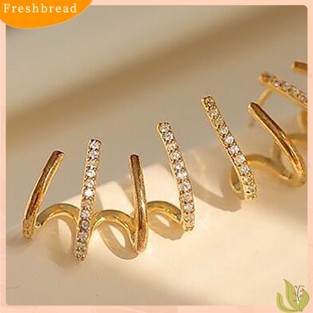 &lt; Freshbread &gt; 1pasang Berlian Imitasi Bersinar Ear Studs Pengerjaan Halus Kreatif Berbentuk U Empat Baris Wanita Anting Perhiasan Aksesoris