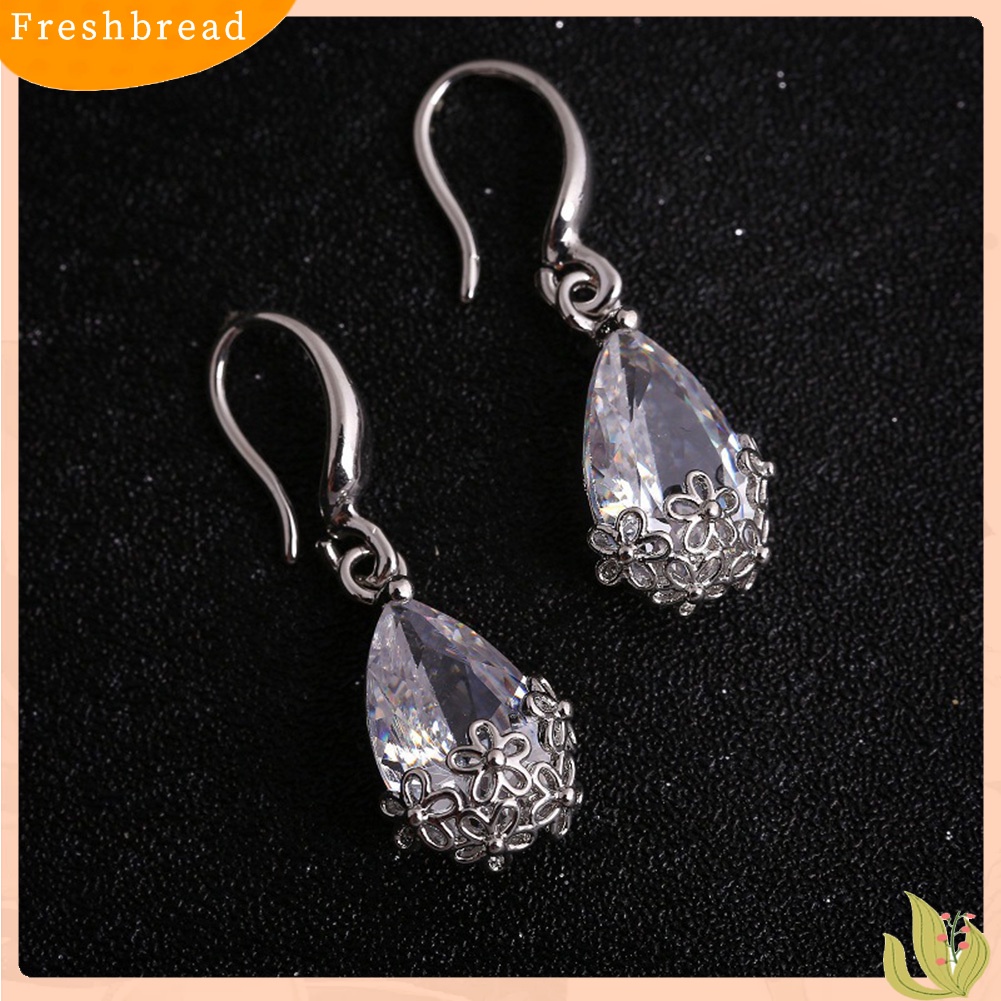 &lt; Freshbread &gt; Elegan Lady Water Drop Cubic Zirconia Bunga Liontin Kait Anting Perhiasan Hadiah