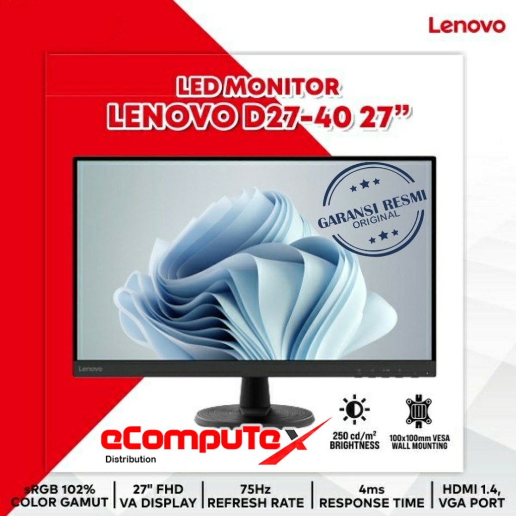 MONITOR LED LENOVO D27-40 / D-2740 27&quot; 27 INCH 75Hz VA FULL HD HDMI VGA - GARANSI RESMI