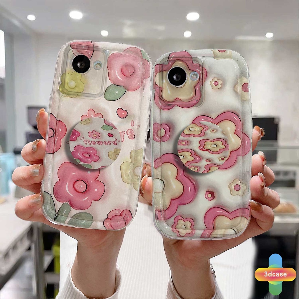 Soft Case Realme 10 5S 5 5i 9i C17 7i C11 2021 C21Y C30 C30S C33 C31 C35 C15 C21 C25 C20 C3 C12 C2 C25S C1 C25Y C2 C3i 6i C20A  Narzo 20 10 10A 20A 30A 50i 50A Prime A7 A5S A15 A16 A17 A53 A53S A57 Ins Pink Flowers Soft Airbag Soap Cover With Stand