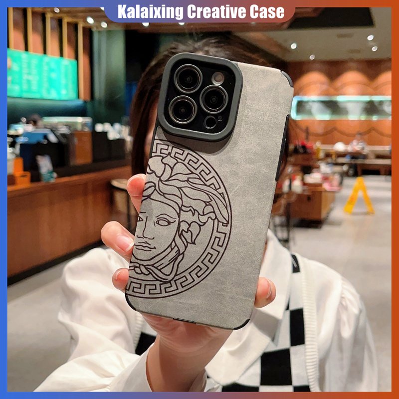 Versace Casing Kulit Untuk iPhone 14 Pro Max 13 Pro Max12 11 Xs Max 7Plus XR Xs Max Empat Sudut Anti Jatuh Case Printing Soft Cover