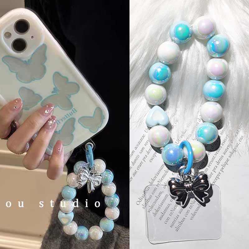 Perak Busur Biru Gantungan Kunci Rantai Ponsel Anti Hilang Lembut Tembikar Tali Tali Lanyard Manik Akrilik Warna-Warni Kasus Ponsel K37