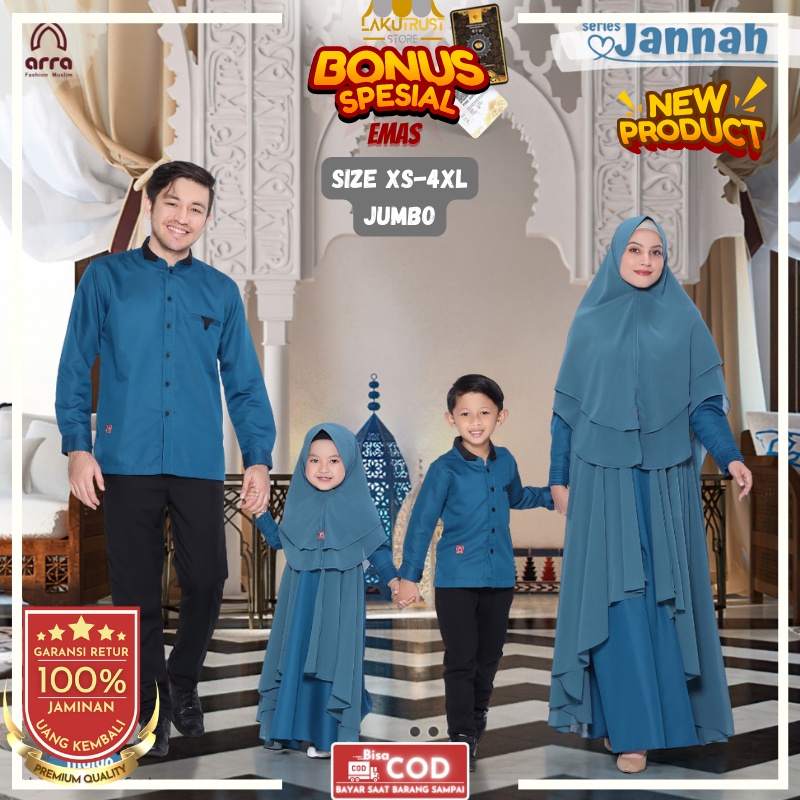 Baju Gamis Sarimbit Couple Keluarga Fashion Muslim Lebaran Pasangan Ayah Ibu Anak Model Jannah Warna Indigo Biru ARRA