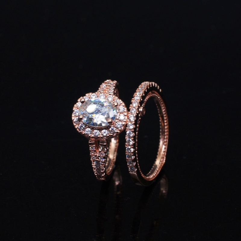 Goldkingdom Aksesoris Perhiasan Fashion Ready Stock Perak Disepuh Rose Gold Set Berlian Set Cincin Telur Angsa Lamaran Tunangan Cincin