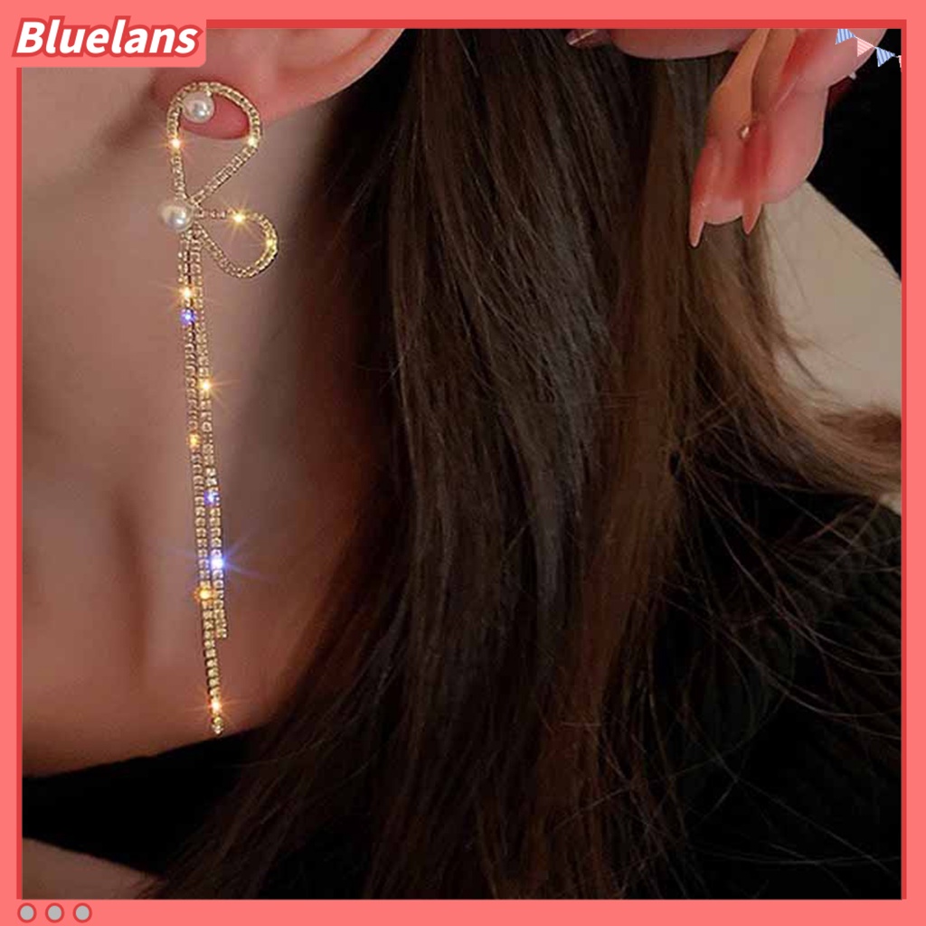 {In Stock} 1pasang Anting Rumbai Asimetri Busur Mutiara Imitasi Berlian Imitasi Bersinar Dekorasi Tahan Luntur Panjang Rumbai Menjuntai Anting Gantung Aksesoris Perhiasan