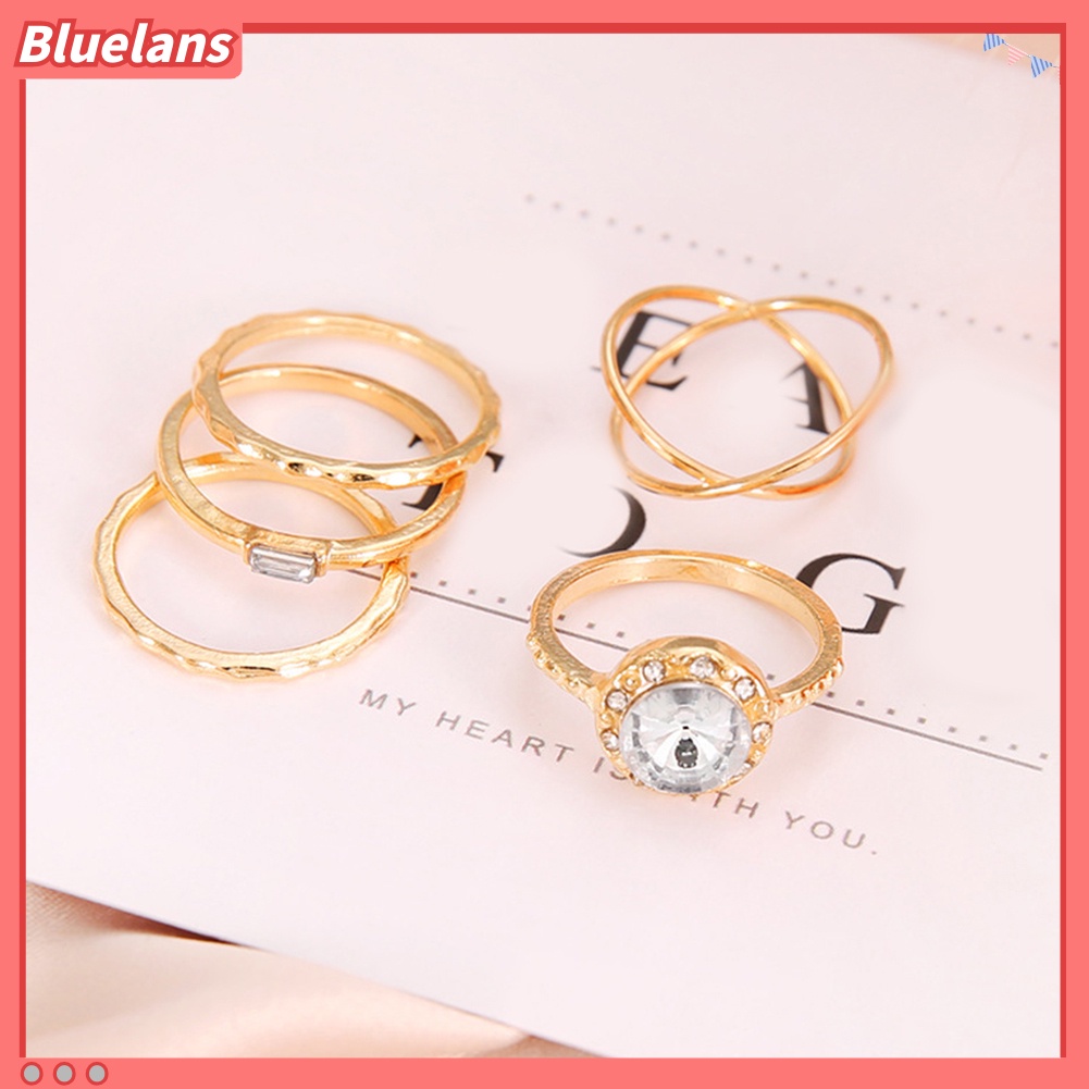 {In Stock} 5Pcs/Set Fashion Wanita Salib Bulat Cubic Zirconia Jari Cincin Perhiasan Pesta