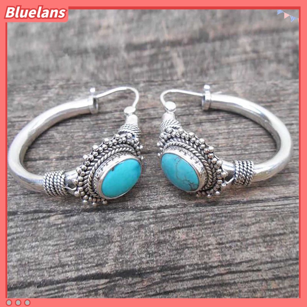 {In Stock} 1pasang Anting Hoop Tindik Oval Ukir Unik Biru Turquoise Bohemia Retro Earrings Aksesoris Perhiasan