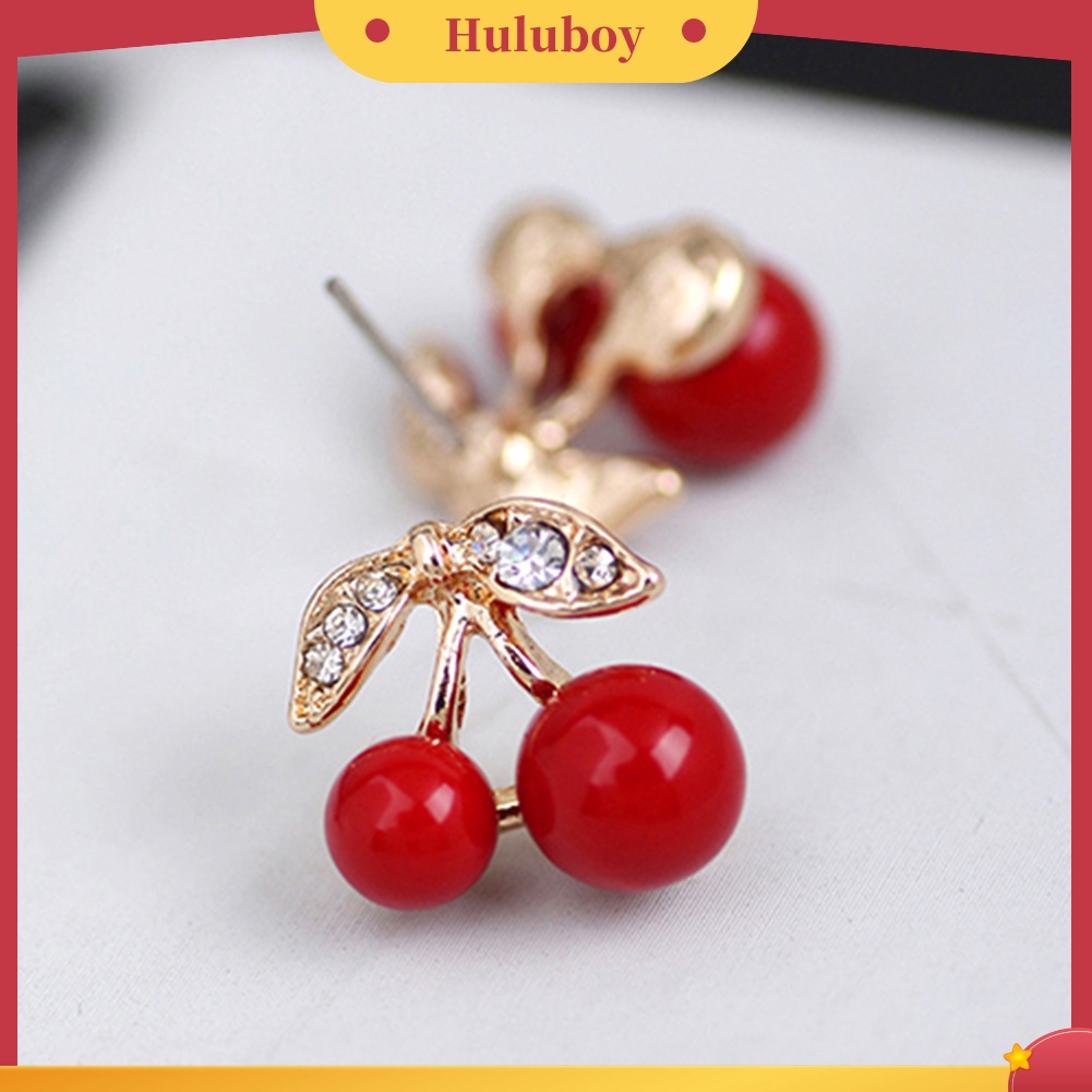 {Ready Stock} Wanita Merah Cherry Bening Berlian Imitasi Telinga Studs Beads Golden Alloy Leaves Earrings