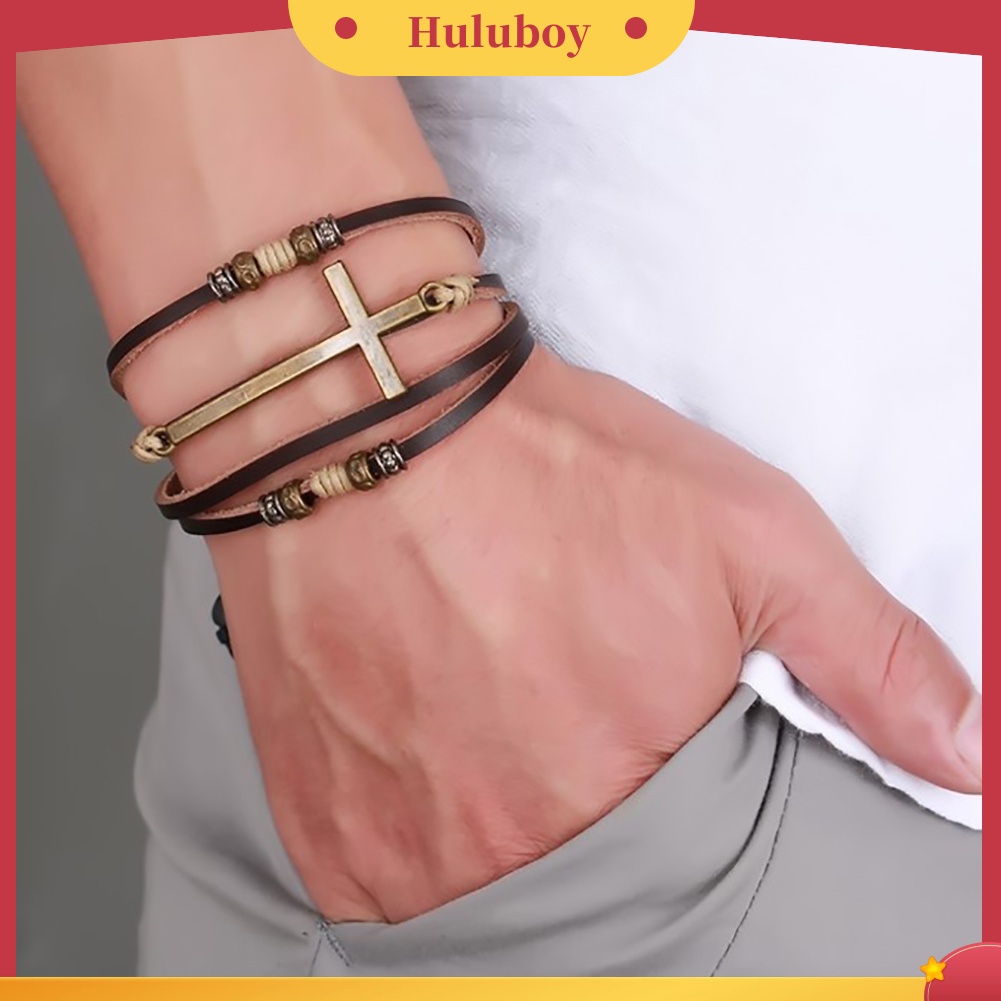 {Ready Stock} Retro Kulit Imitasi Gelang Salib Bangle Wanita Pria Perhiasan Rantai Tali Yang Dapat Disesuaikan