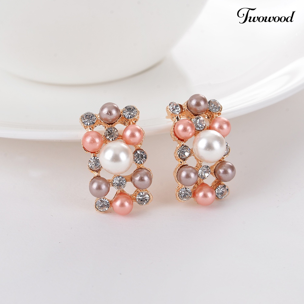 Twowood 2Pcs Wanita Fashion Mutiara Imitasi Hias Berlian Imitasi Kalung Anting Set Perhiasan