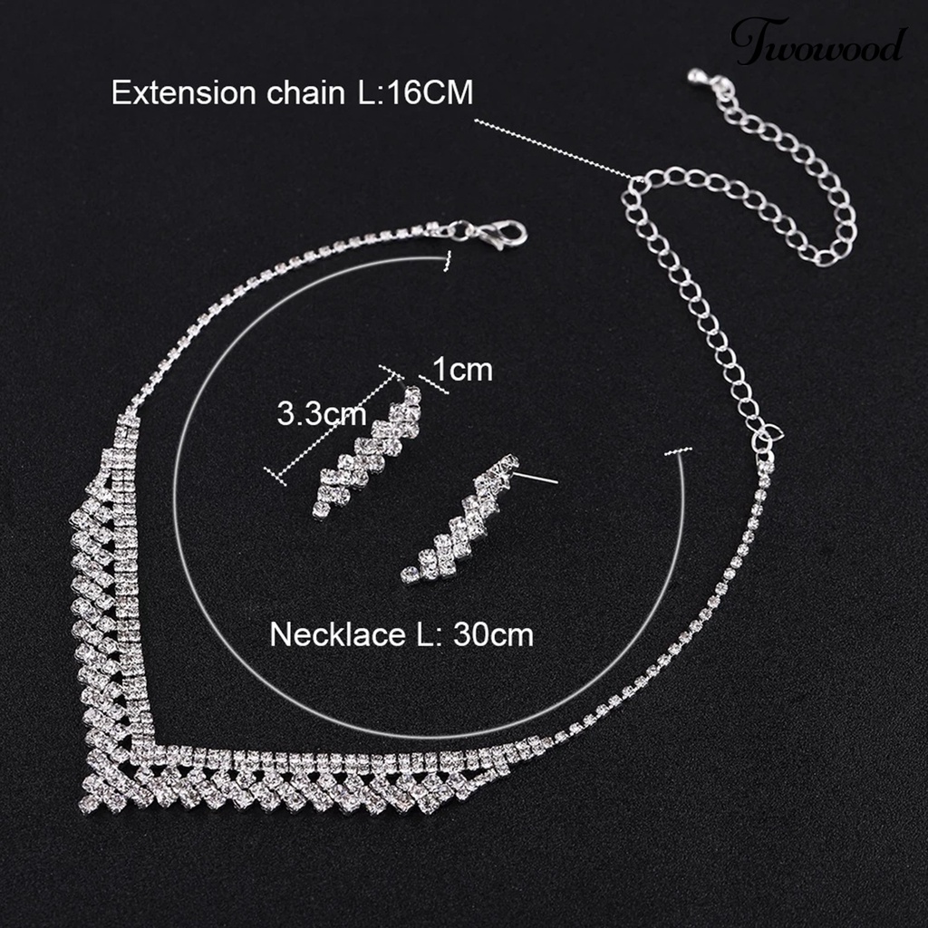 Twowood 1set Anting Pernikahan Temperamen Pengerjaan Indah Pengerjaan Tinggi Gloss Berlian Imitasi Bertatahkan Geometris Dekorasi Shinyny Makan Berat Wanita Perhiasan Kalung Pernikahan Aksesori