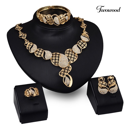 Twowood Hadiah Pernikahan Kristal Choker Kalung Anting Bangle Gelang Cincin Set Perhiasan