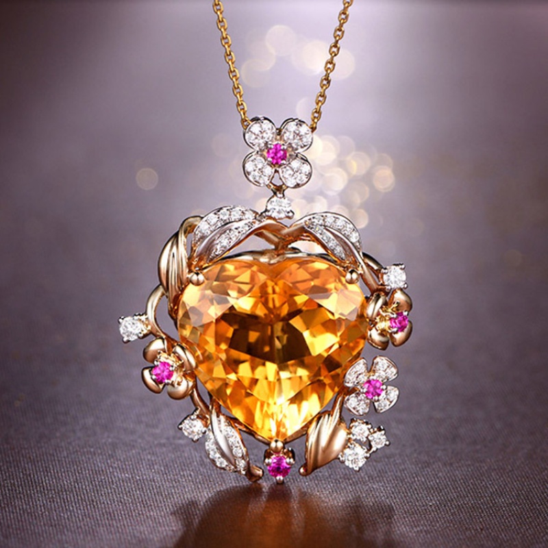 Goldkingdom Fashion Perhiasan Aksesoris Ready Stock Brasil Natural Citrine Heart Pendant 20x20 Oversized Plaid Face Bird's Nest Cut Color Treasure Necklace