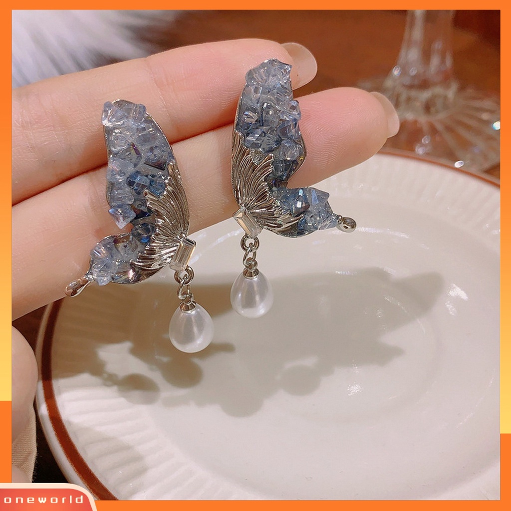 [OWR] 1pasang Drop Earrings Mewah Mutiara Imitasi Peri Elegan Rusak Kristal Imitasi Kupu-Kupu Sayap Stud Earrings Perhiasan Aksesoris