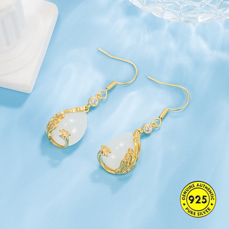 Anting Giok Hetian Merak Retro Pengadilan Gaya China Lama Tidak Luntur U1225