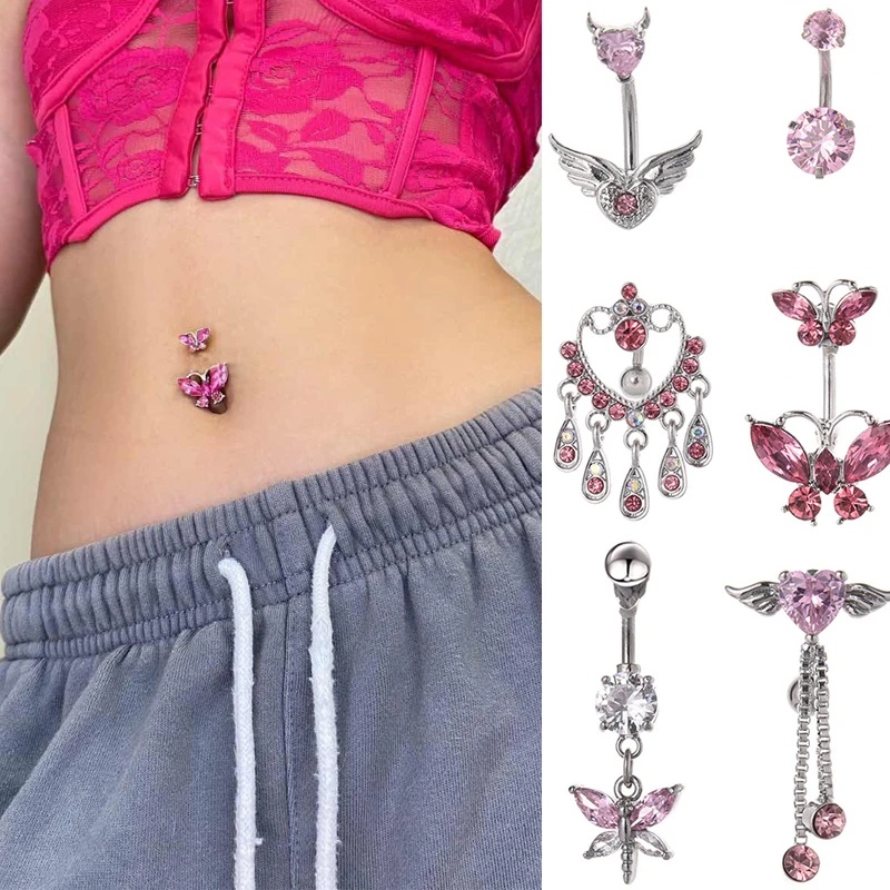 [Hot Sale] Angel Wings Belly Button Rings Fashion Y2K Cinta Cincin Perut Wanita Gadis Stainless Steel Tubuh Perut Bar Tindik Zirkon Perhiasan Kepribadian