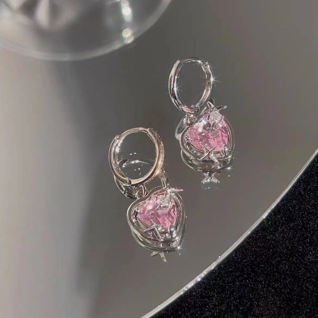 Fashion Pink Zircon Heart Drop Earrings Heart Kristal Silver Hoop Earring Untuk Aksesoris Perhiasan Wanita