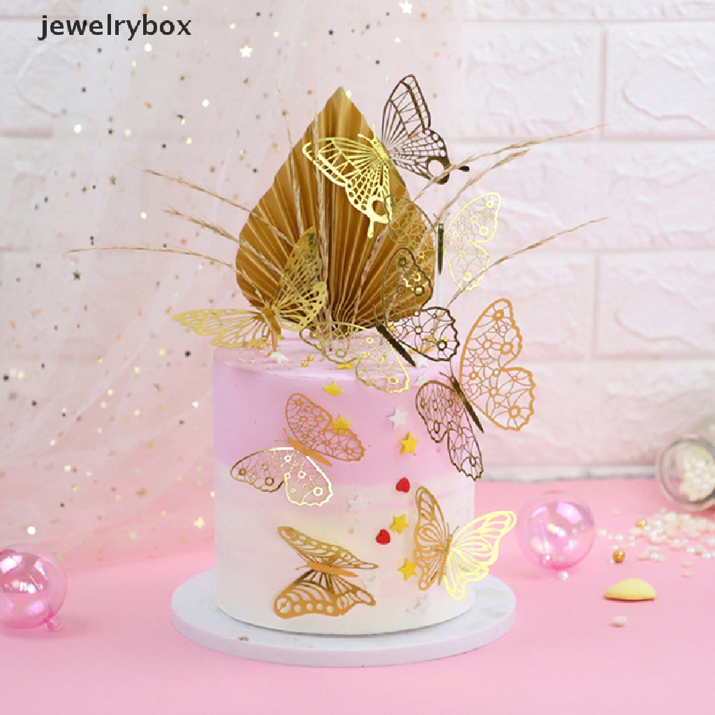 [jewelrybox] 12 Pcs Emas 3D Kupu-Kupu Pernikahan Kue Topper Papan Emas Selamat Ulang Tahun Kue Topper Untuk Pesta Ulang Tahun Bayi Dekorasi Kue Butik