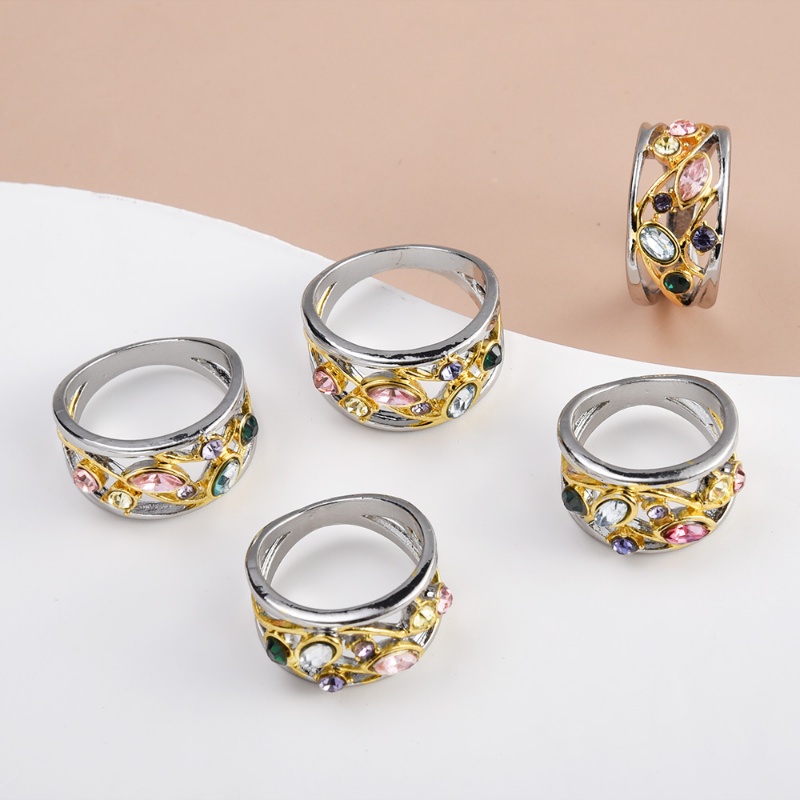 Fashion Sederhana Wanita Multicolor Zirkon Cincin Retro Indah Geometris Berongga Keluar Desain Gelombang Imitasi Batu Permata Jari Rings Perhiasan