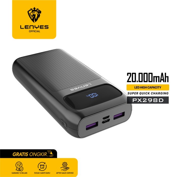 LENYES PX298D Powerbank 20000mAh QC 22.5W LED Real Capacity Original - Black portable power bank emergency charger