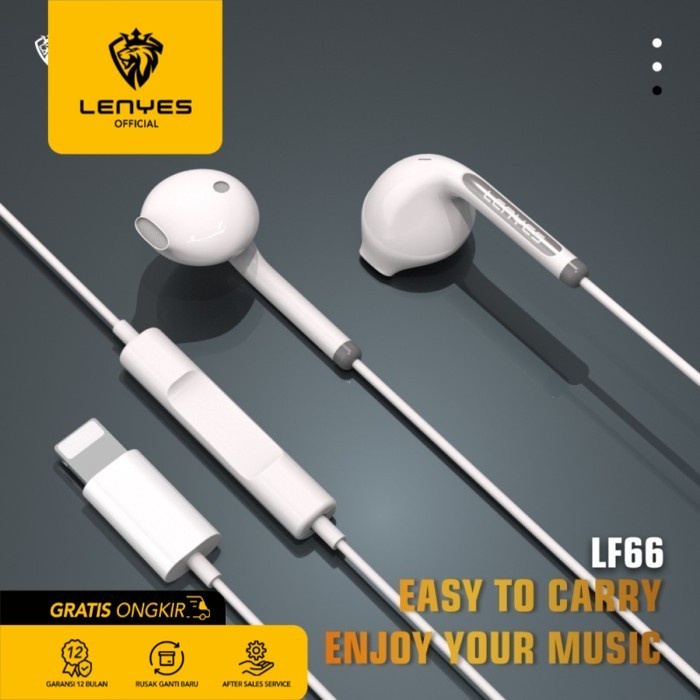 Lenyes LF66 Stereo Wired Earphones Lightning Volume Mic Original handsfree earphone ear in ear bud microphone kabel tanpa