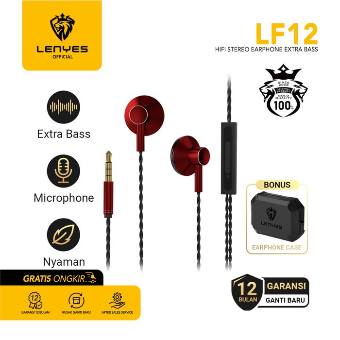 Headset Stereo LENYES LF12 Hifi Extra Bass with Handsfree Microphone handsfree earphone ear in ear bud microphone kabel tanpa