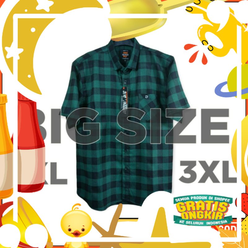 Kemeja Pria Dewasa Lengan Pendek Bahan Flanel Motif Kotak2, Ukuran Jumbo Big Size XXL, XXXL, Casual,