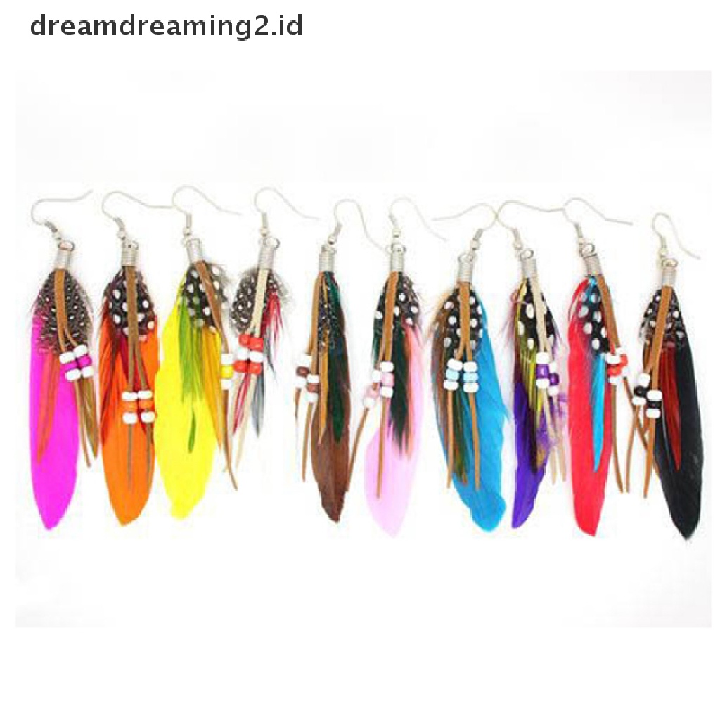 (hot) Fashion Rumbai Menjuntai Anting Bulu Manik Kulit Anting India Bulu//