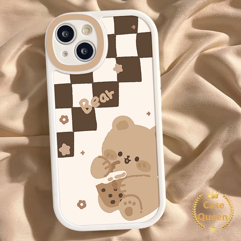 Soft Tpu Casing For Infinix Hot 9 10s 11 11s Play 10 10T Hot 10 Lite Infinix Smart 5 6 Note 8 Lovely Cute Cartoon Milk Tea Bear Chessboard Pattern Anti-fall Phone Case