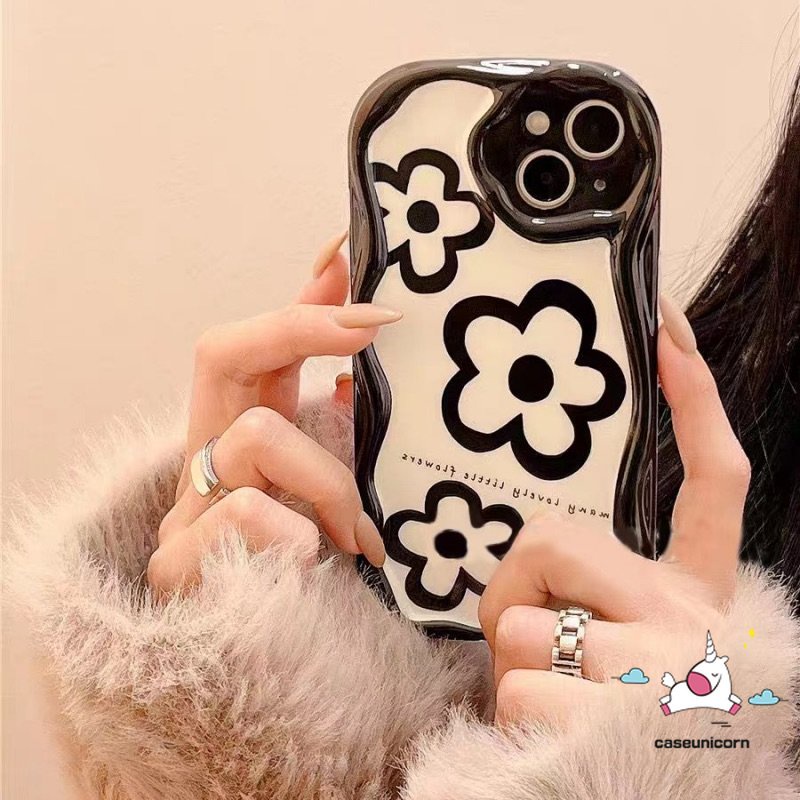 Casing Simple Tiga Bunga Glossy Kompatibel Untuk IPhone 7Plus XR 11 Pro Max 6s 8 6 7 Plus 13 14 12 Pro Max X XS Max SE 2020 3D Wavy Curved Edge White Shockproof Airbag Soft Cover