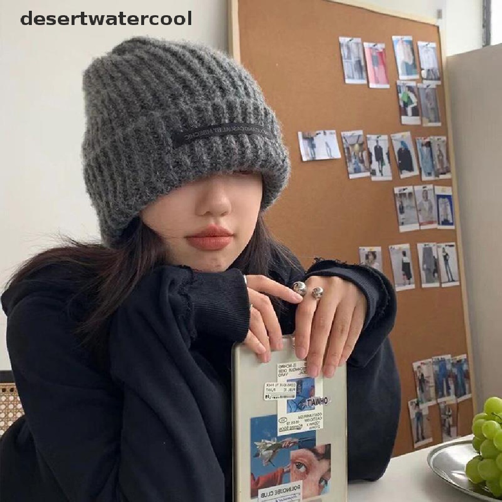 Deid Longgar Kepala Besar Topi Rajut Unisex Mohair Wol Topi Patch Wajah Liar Kecil Hangat Dingin Topi Kubah Elastisitas Tinggi Topi Pakaian Kolokasi Martijn
