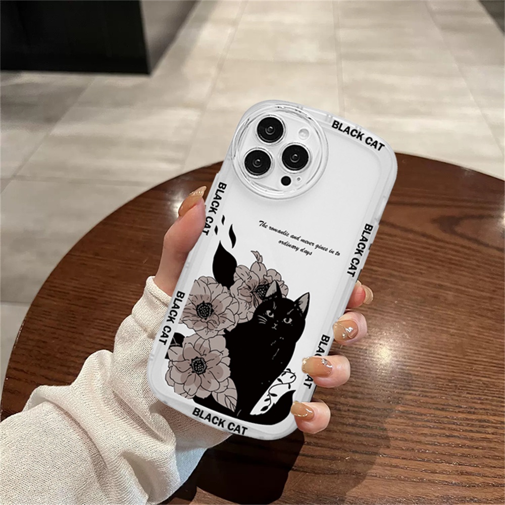 Realme 10 C55 5 5i 6i C3 C35 C33 C21Y C25Y C21 RealmeC11 C11 2021 C25 C15 C12 C2 C1 Bunga Dan Kucing Hitam Bening Lembut TPU Case Binteacase