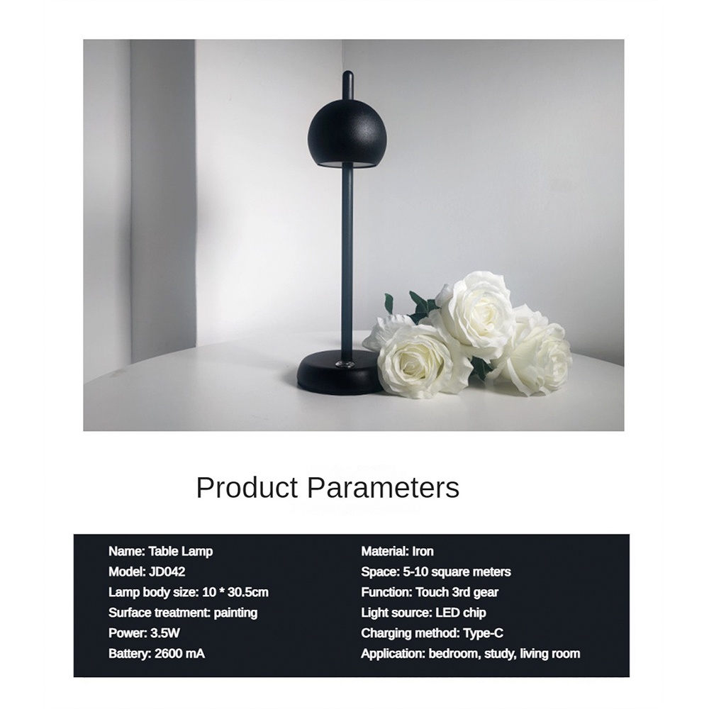 Lampu Meja Bundar LED, Kepala Besi Tanpa Kabel Sensor Sentuh Lampu Meja Pelindung Mata Tiga Gigi Peredupan Dekorasi Kamar Tidur