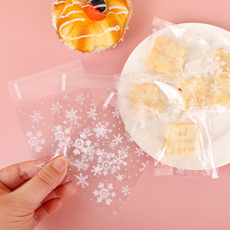 100 Pcs Multi-specification White Snowflake Biskuit Kue Cookies Barang Panggang Kantong Kemasan Plastik Portabel Halus Praktis Transparan Self-adhesive Candy Gift Bags