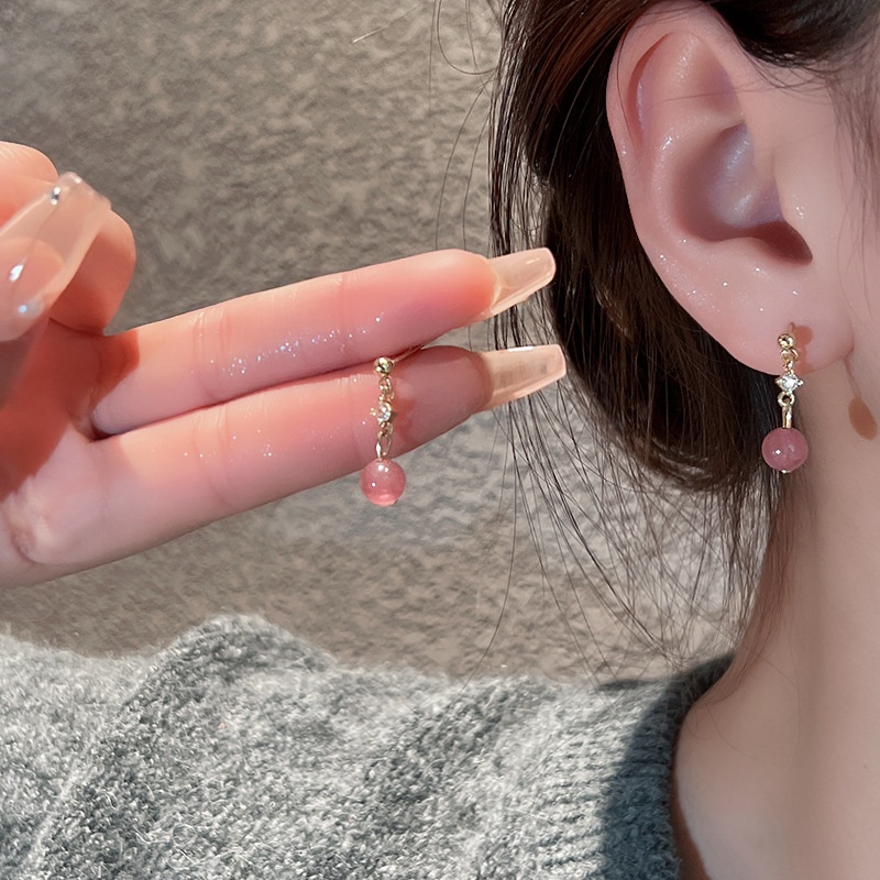 Korea Elegan Indah Merah Muda Kristal Manik Telinga Pejantan Berlian Emas Baja Titanium Wanita Fashion Perhiasan Drop Earrings