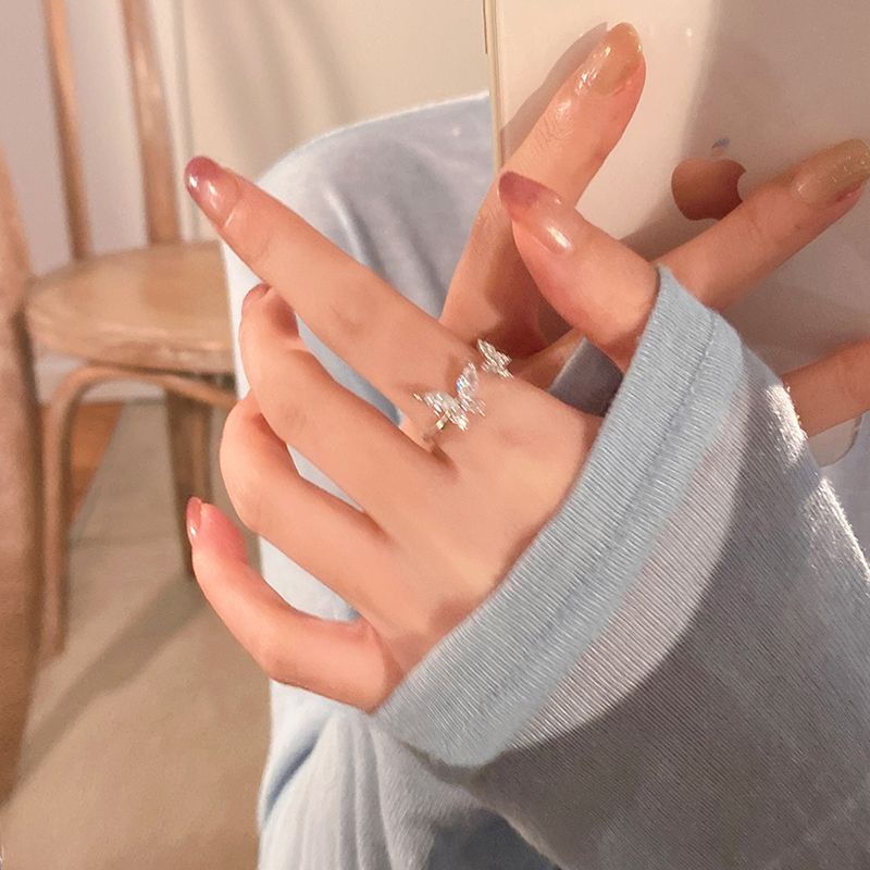 Gaya Jepang Korea Baru Sederhana Manis Kupu-Kupu Berlian Imitasi Temperamen Cincin Terbuka Elegan