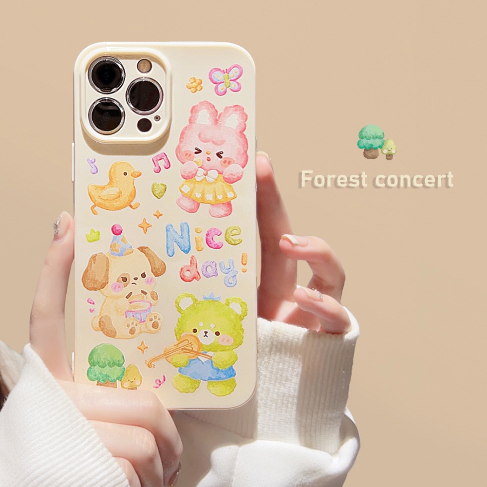 IPHONE Lucu Kartun Hewan Pesta Musik Vintage Putih Perlindungan Penuh Casing Ponsel Cover Untuk Iphone11 12 13 14 PLUS PRO MAX SE 2020