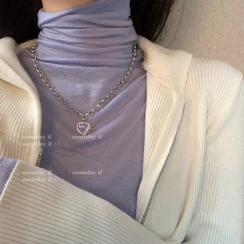 Fashion Kalung Liontin Hati Zirkon Ungu Kristal Rantai Perak Choker Untuk Aksesoris Perhiasan Wanita