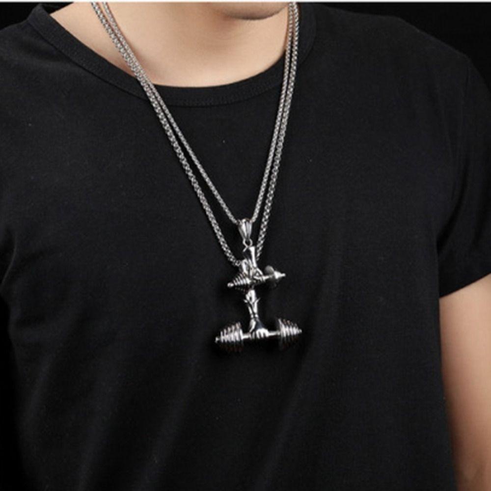 Mxbeauty Perhiasan Pria Silvery Golden Male Aksesori Gaya Jalanan Baja Titanium Vintage Hip Hop Dumbbell Pendant