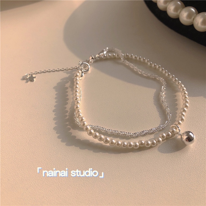 Sparkling Double Layer Gelang Untuk Wanita Manik Mutiara Perak Bintang Bracelets Perhiasan Aksesoris