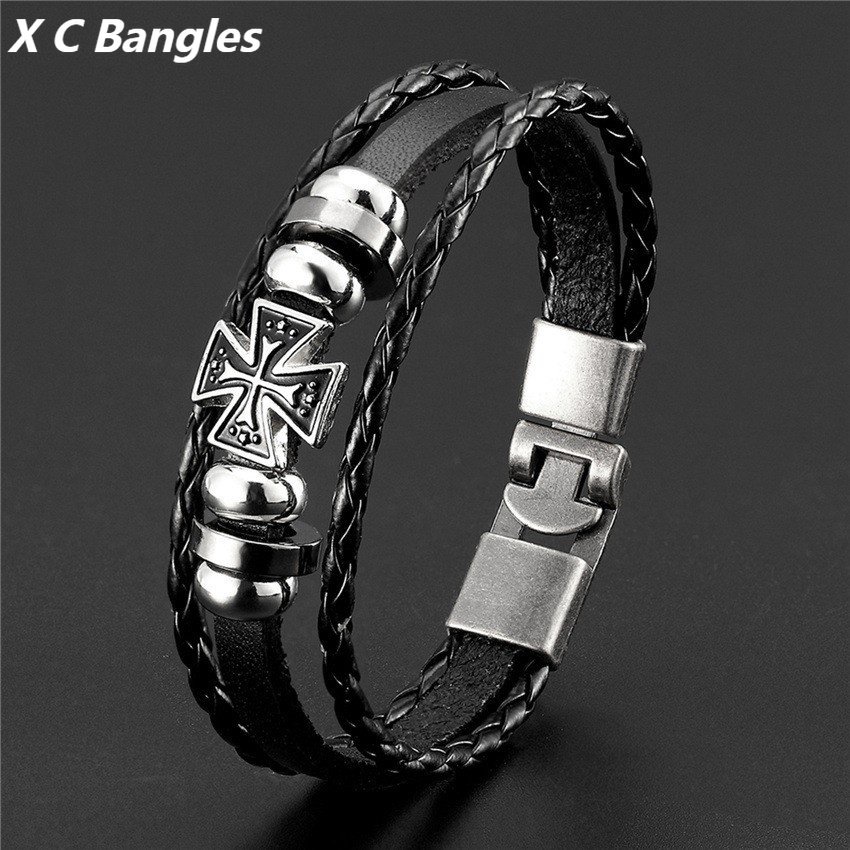 [X C Gelang] Baru Sederhana Gelang Salib Hitam Kulit Vintage Hip Hop Punk Gelang Kulit Lengan Manik-Manik Multilayer Paduan Seng Tenun Gelang